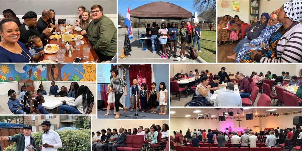 Collage of Forest Meadow church community members worshiping, sharing meals, and gathering for fellowship